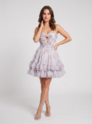 Lilac Floral Chiffon tiered sweetheart zipper-back mini Dress Front View - Aabei Dress