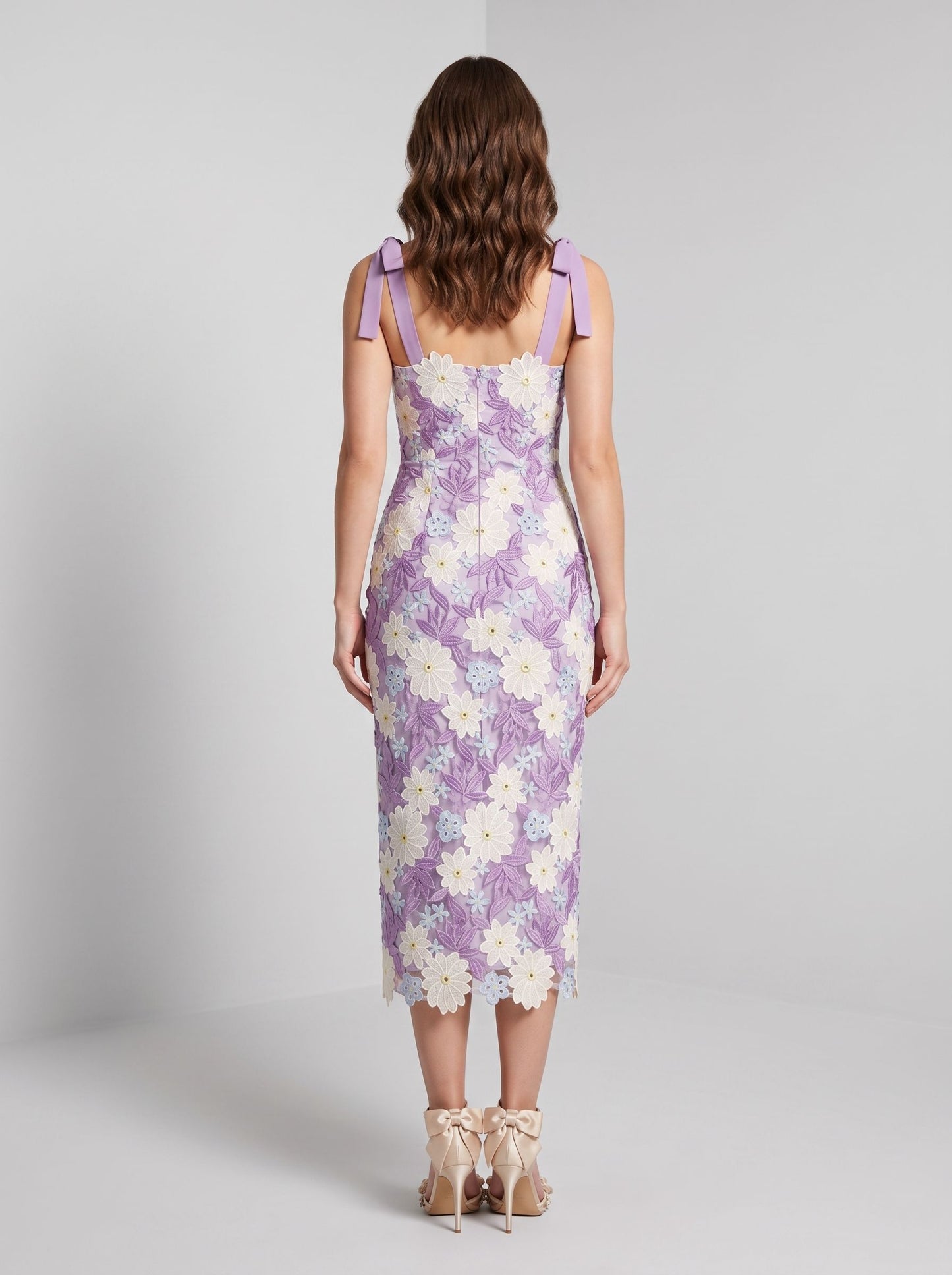 Lilac Lace Sheath Column Straight Across Zipper Back Midi Dress - Aabei Dress