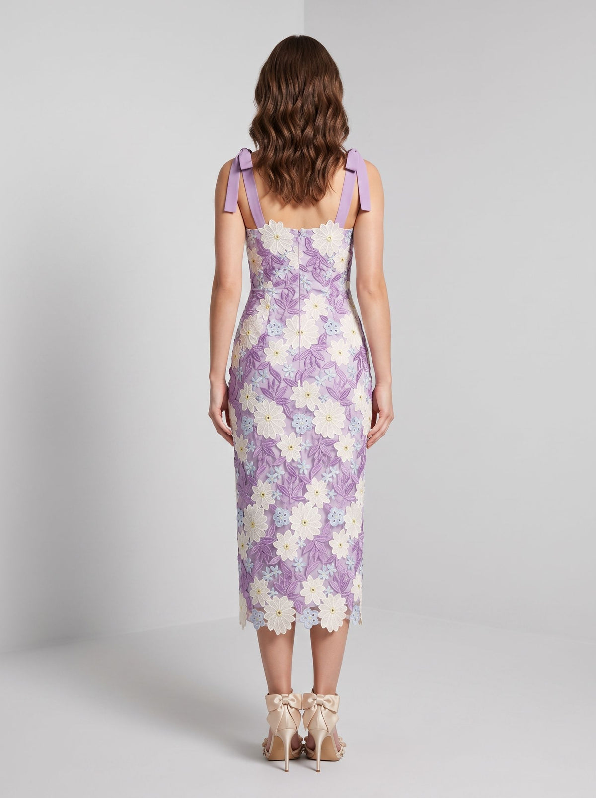 Lilac Lace Sheath Column Straight Across Zipper Back Midi Dress - Aabei Dress