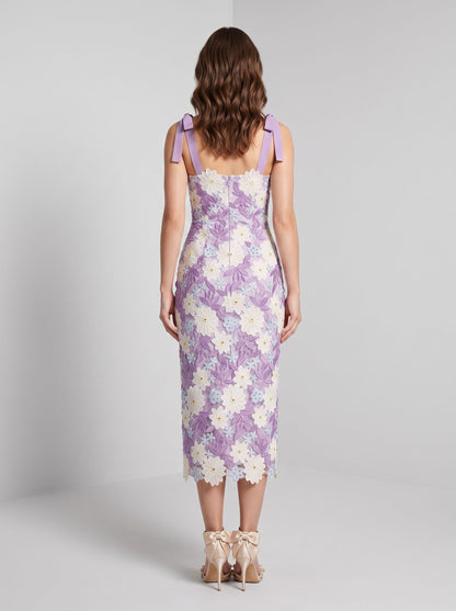 Lilac Lace Sheath Column Straight Across Zipper Back Midi Dress - Aabei Dress