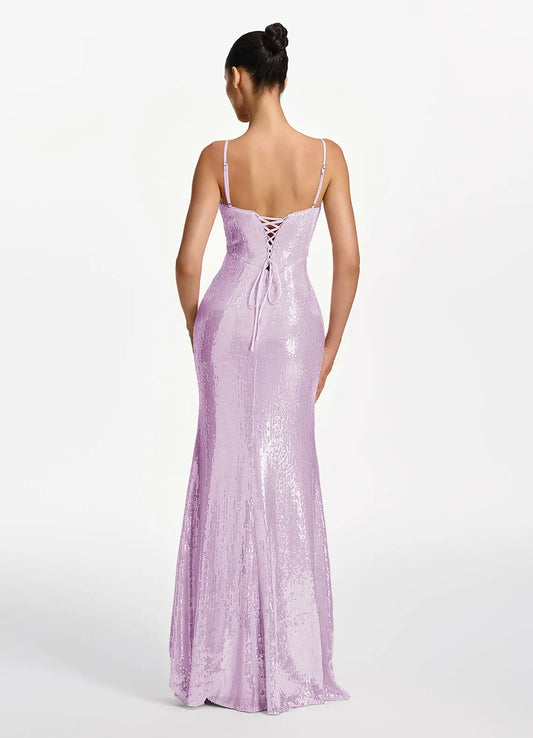 Lilac Sequin Mermaid Cowl Neck Lace Up Back Floor-Length Dress Back View - Aabei Dress
