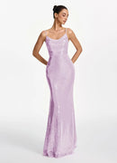 Lilac Sequin Mermaid Cowl Neck Lace Up Back Floor-Length Dress Front View - Aabei Dress