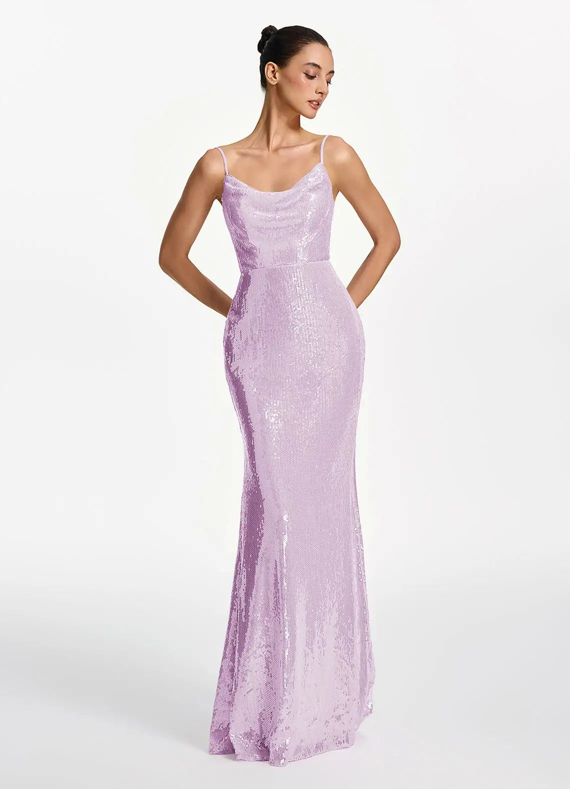 Lilac Sequin Mermaid Cowl Neck Lace Up Back Floor-Length Dress Front View - Aabei Dress