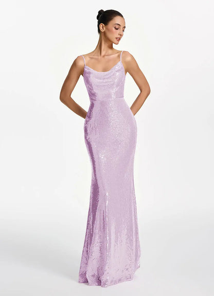 Lilac Sequin Mermaid Cowl Neck Lace Up Back Floor-Length Dress Front View - Aabei Dress