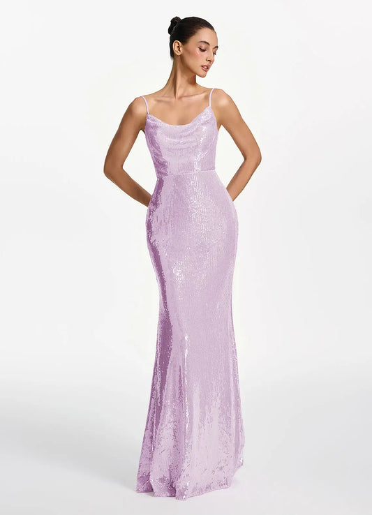 Lilac Sequin Mermaid Cowl Neck Lace Up Back Floor-Length Dress Front View - Aabei Dress