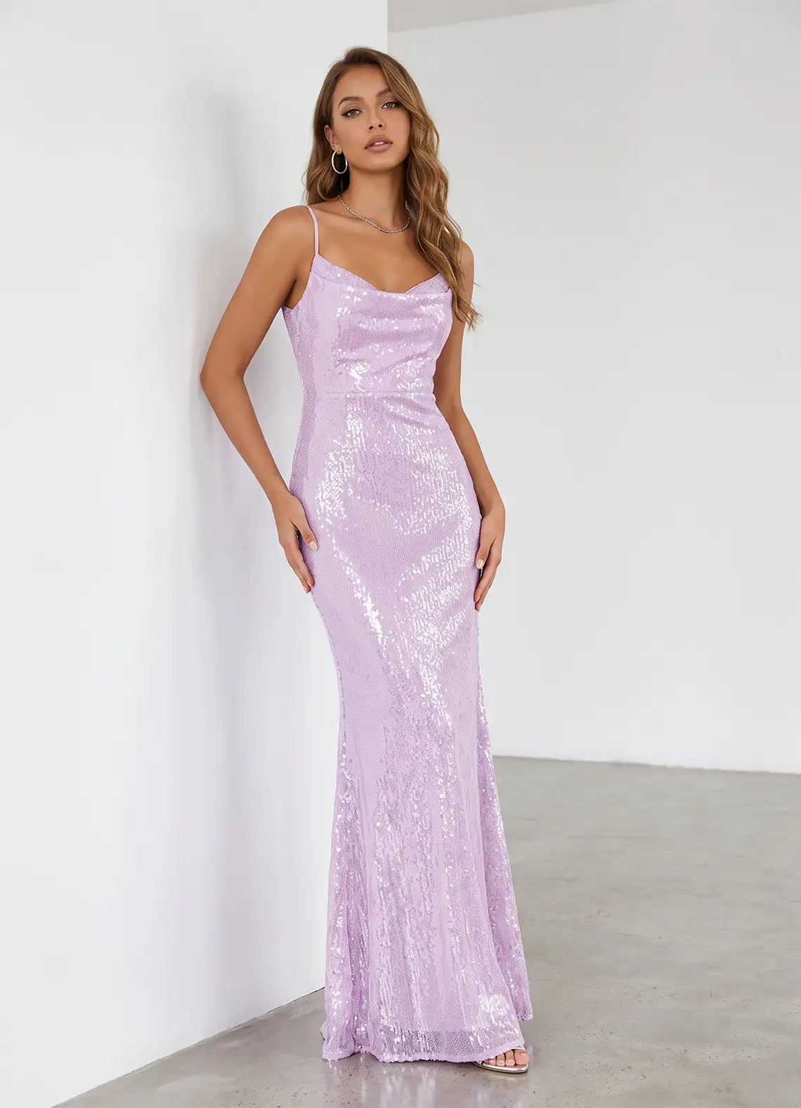 Lilac Sequin Mermaid Cowl Neck Lace Up Back Floor-Length Dress - Aabei Dress