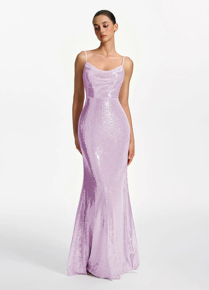 Lilac Sequin Mermaid Cowl Neck Lace Up Back Floor-Length Dress - Aabei Dress