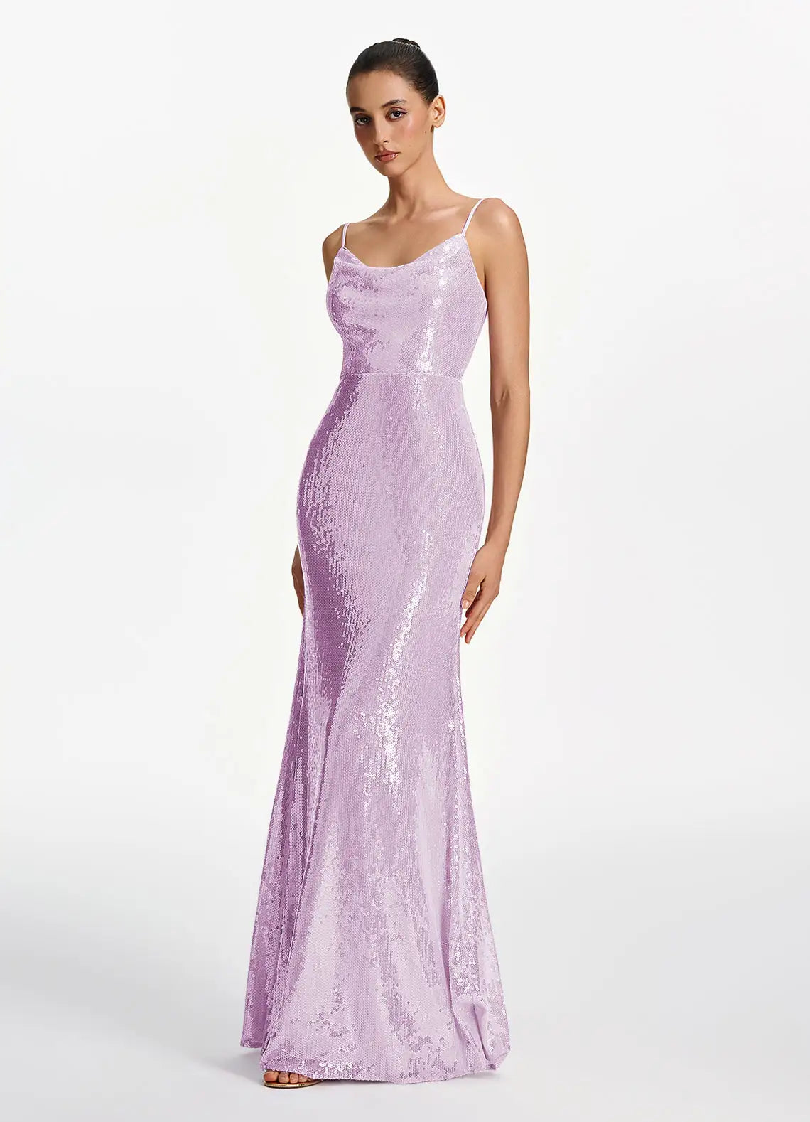 Lilac Sequin Mermaid Cowl Neck Lace Up Back Floor-Length Dress - Aabei Dress