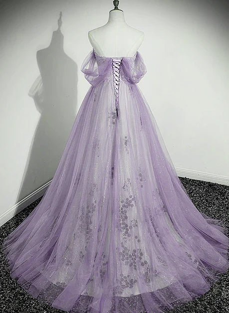 Lilac Sequin Tulle A-Line Sweetheart Lace-Up Back Floor-Length Dress Back View - Aabei Dress