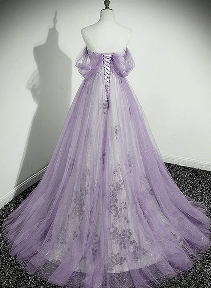 Lilac Sequin Tulle A-Line Sweetheart Lace-Up Back Floor-Length Dress Back View - Aabei Dress