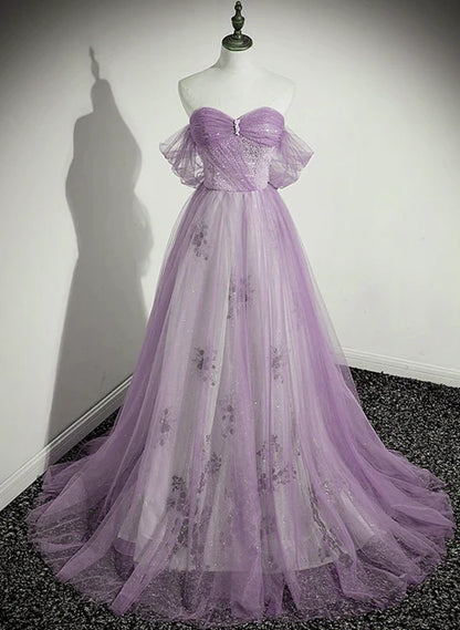 Lilac Sequin Tulle A-Line Sweetheart Lace-Up Back Floor-Length Dress Front View - Aabei Dress