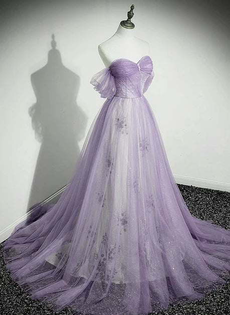 Lilac Sequin Tulle A-Line Sweetheart Lace-Up Back Floor-Length Dress - Aabei Dress