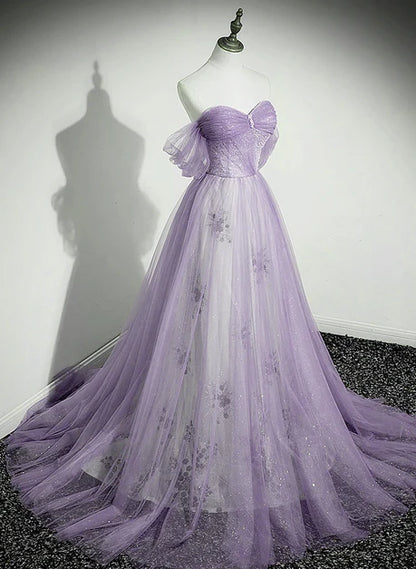 Lilac Sequin Tulle A-Line Sweetheart Lace-Up Back Floor-Length Dress - Aabei Dress