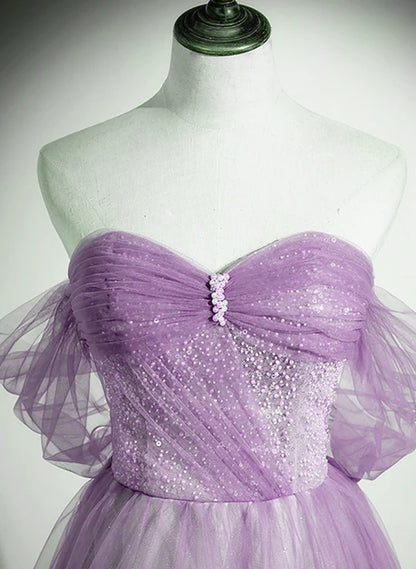 Lilac Sequin Tulle A-Line Sweetheart Lace-Up Back Floor-Length Dress - Aabei Dress