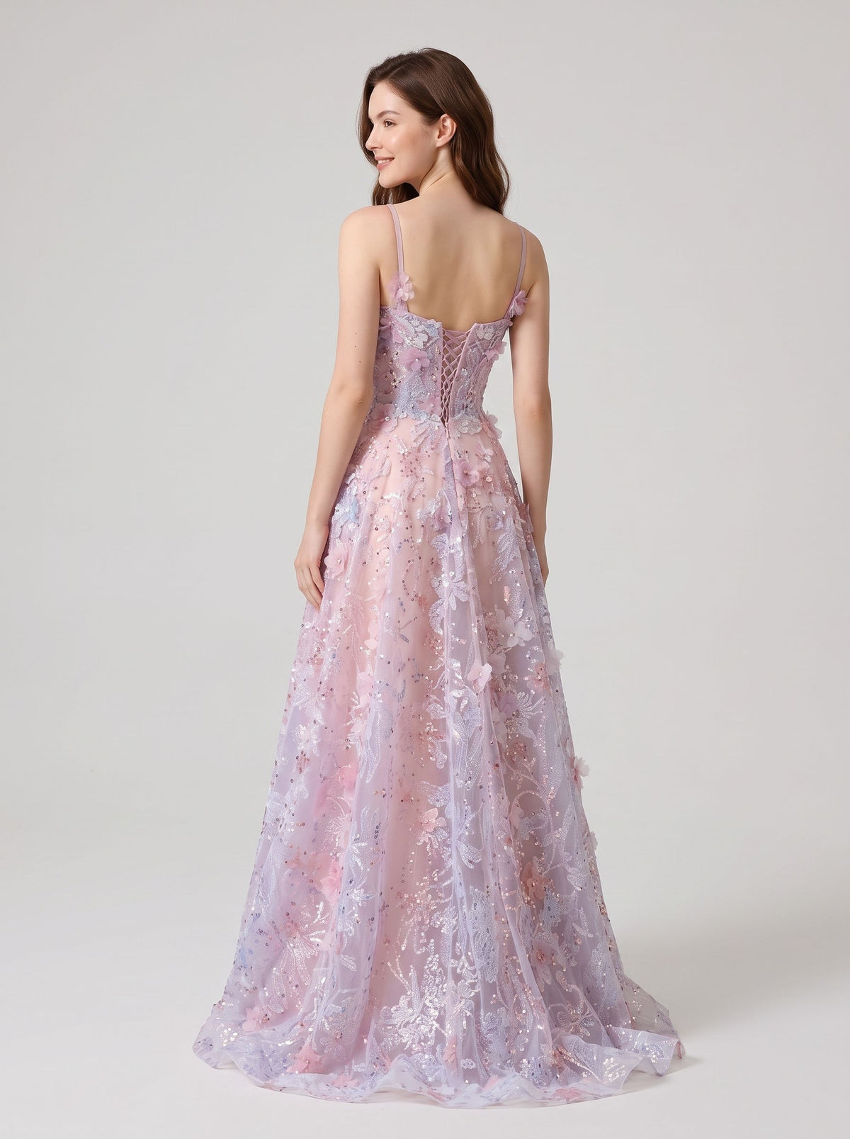 Lilac Tulle & Mesh A-Line Sweetheart Lace-Up Back Floor-Length Dress Back View - Aabei Dress