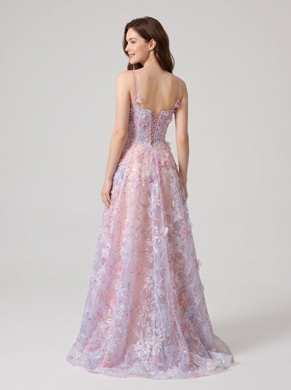 Lilac Tulle & Mesh A-Line Sweetheart Lace-Up Back Floor-Length Dress Back View - Aabei Dress
