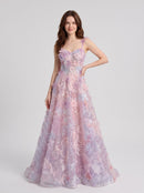 Lilac Tulle & Mesh A-Line Sweetheart Lace-Up Back Floor-Length Dress Front View - Aabei Dress