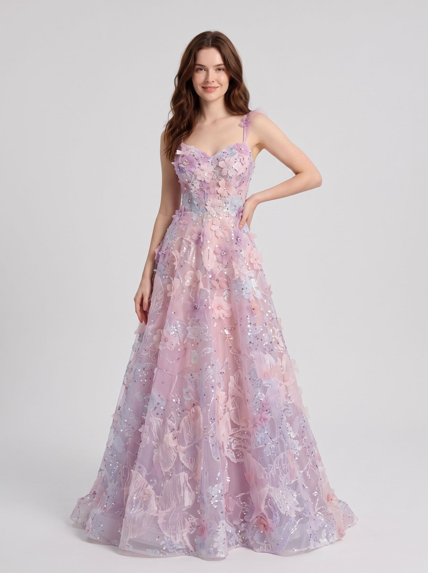Lilac Tulle & Mesh A-Line Sweetheart Lace-Up Back Floor-Length Dress Front View - Aabei Dress