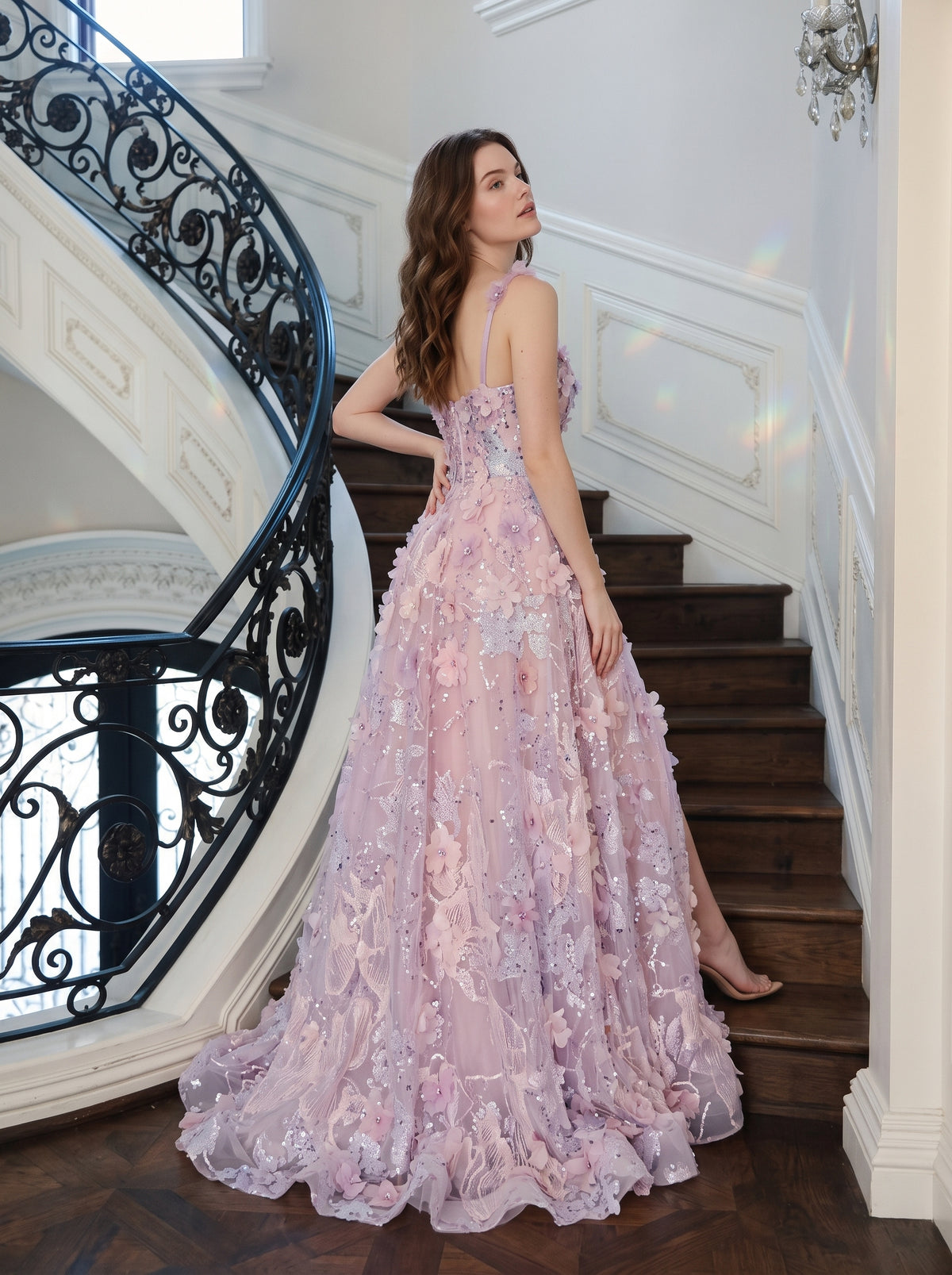 Lilac Tulle & Mesh A-Line Sweetheart Lace-Up Back Floor-Length Dress - Aabei Dress