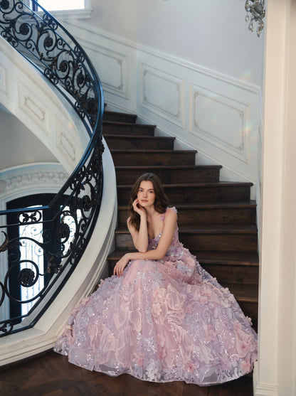Lilac Tulle & Mesh A-Line Sweetheart Lace-Up Back Floor-Length Dress - Aabei Dress