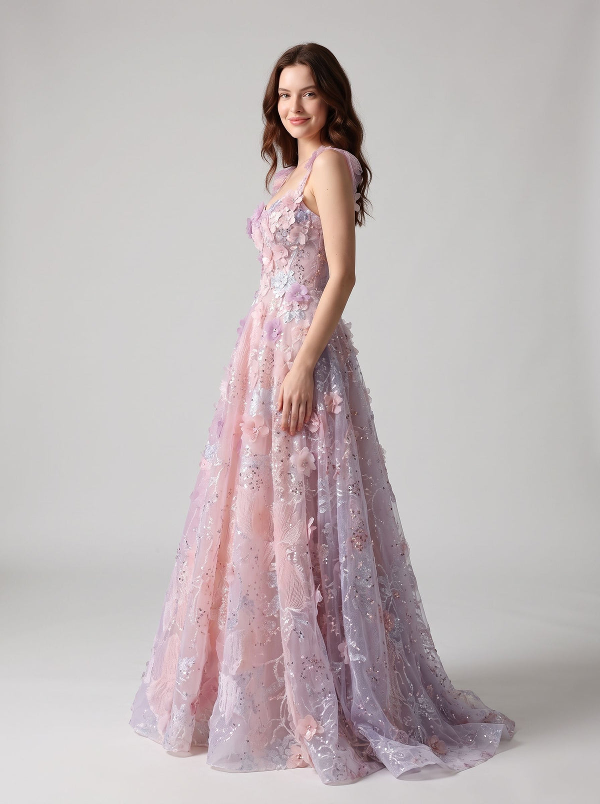 Lilac Tulle & Mesh A-Line Sweetheart Lace-Up Back Floor-Length Dress - Aabei Dress