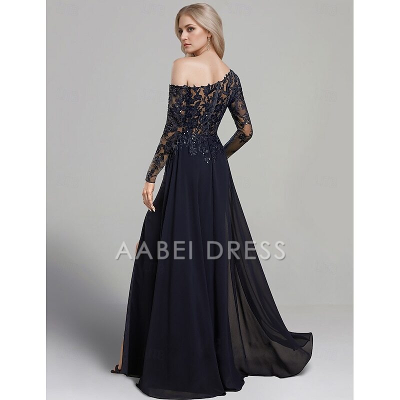 AABEI DRESS Wedding Guest Dress Elegant Sheath One Shoulder Floor Length Side Fork Chiffon Long Sleeve Lace Mother of the Bride Dress