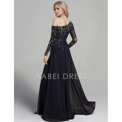 AABEI DRESS Wedding Guest Dress Elegant Sheath One Shoulder Floor Length Side Fork Chiffon Long Sleeve Lace Mother of the Bride Dress