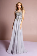 Light Gray A-Line Illusion Neck Sleeveless Beaded Chiffon Evening Gown