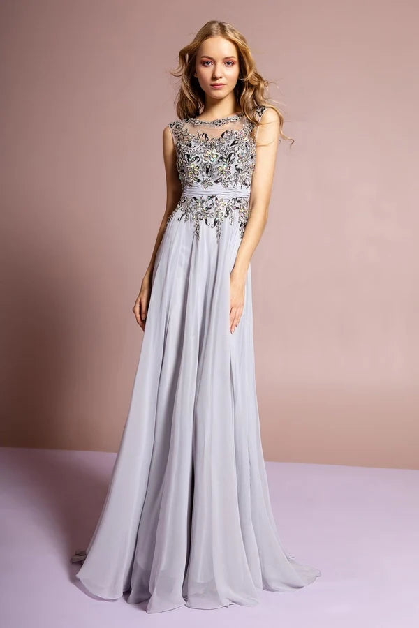 Light Gray A-Line Illusion Neck Sleeveless Beaded Chiffon Evening Gown