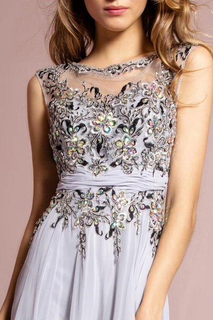Light Gray A-Line Illusion Neck Sleeveless Beaded Chiffon Evening Gown