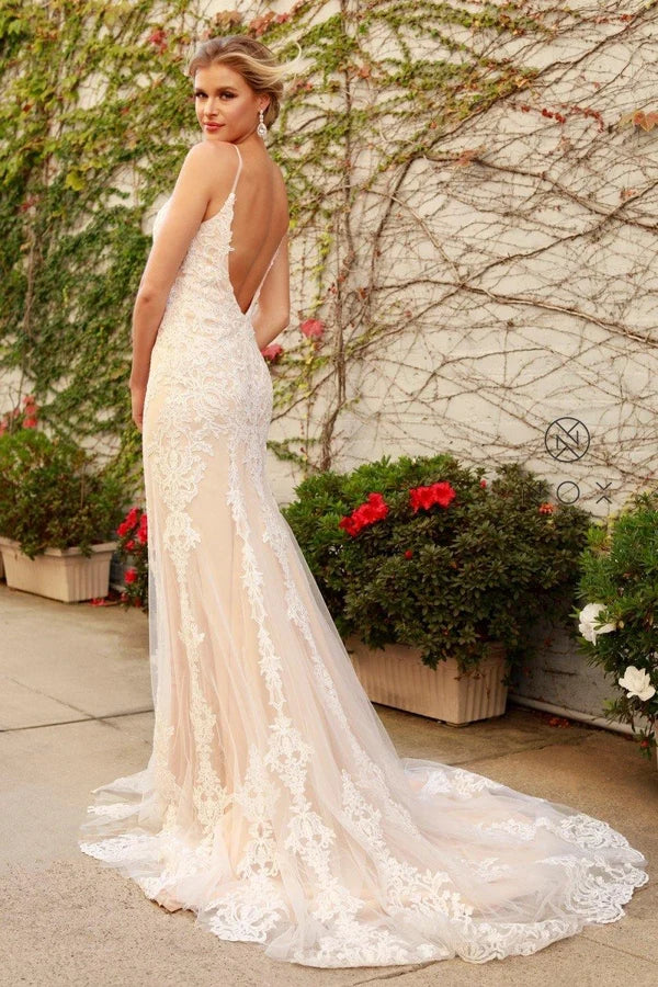 Champagne Mermaid V-Neck Spaghetti Strap Deep Open Back Lace Wedding Gown
