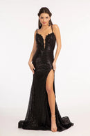 Black Mermaid Plunging V Spaghetti Straps Crisscross Back Sequin Prom Gown
