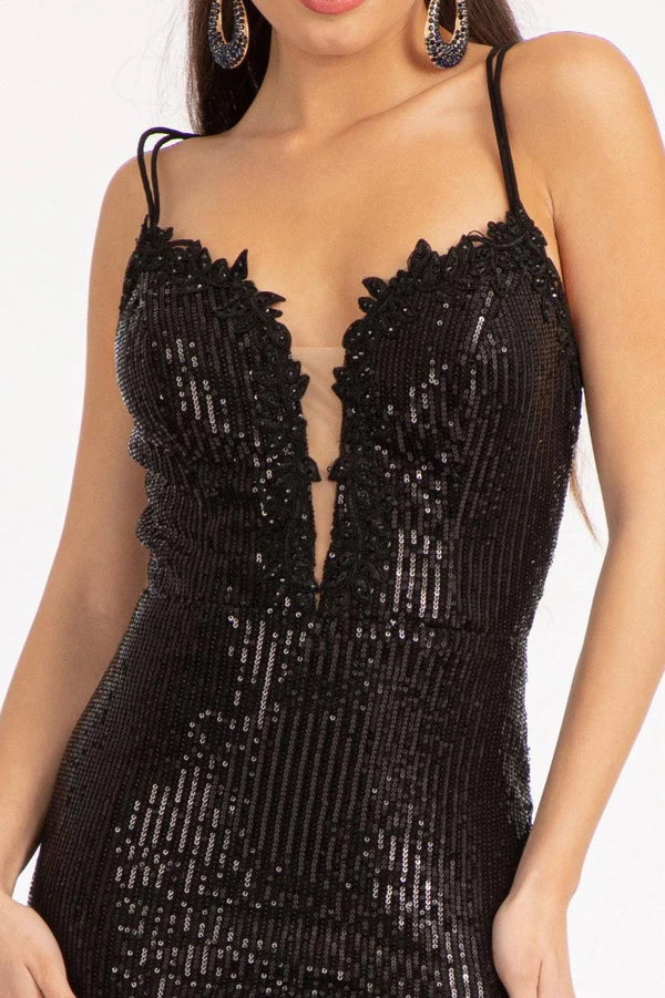 Black Mermaid Plunging V Spaghetti Straps Crisscross Back Sequin Prom Gown
