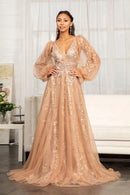 Champagne A-Line V-Neck Puff Sleeve Deep V Back Tulle Prom Gown