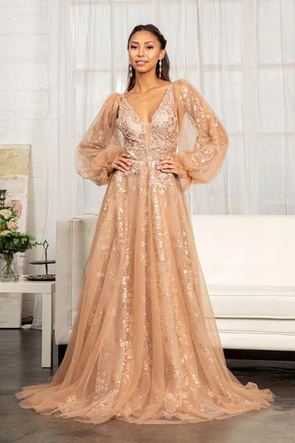 Champagne A-Line V-Neck Puff Sleeve Deep V Back Tulle Prom Gown