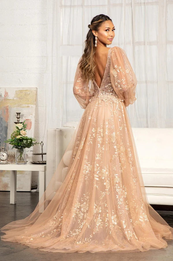 Champagne A-Line V-Neck Puff Sleeve Deep V Back Tulle Prom Gown