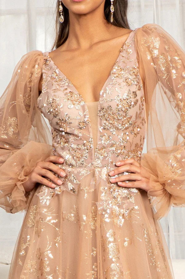 Champagne A-Line V-Neck Puff Sleeve Deep V Back Tulle Prom Gown