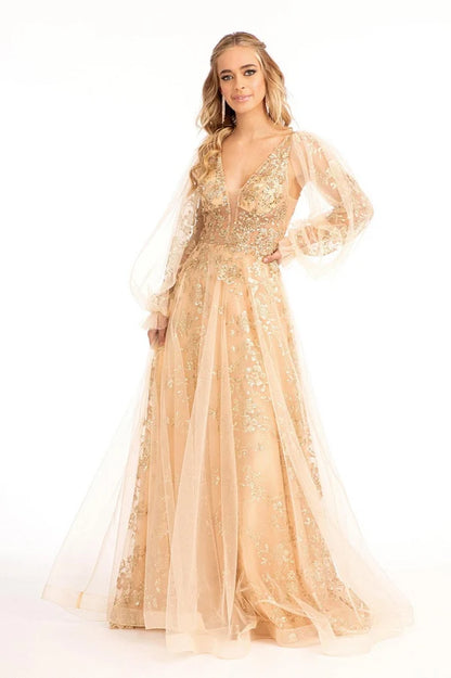 Champagne A-Line V-Neck Puff Sleeve Deep V Back Tulle Prom Gown