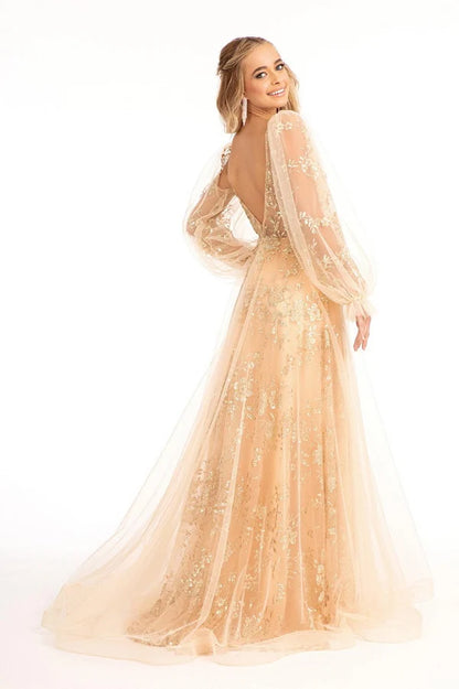 Champagne A-Line V-Neck Puff Sleeve Deep V Back Tulle Prom Gown