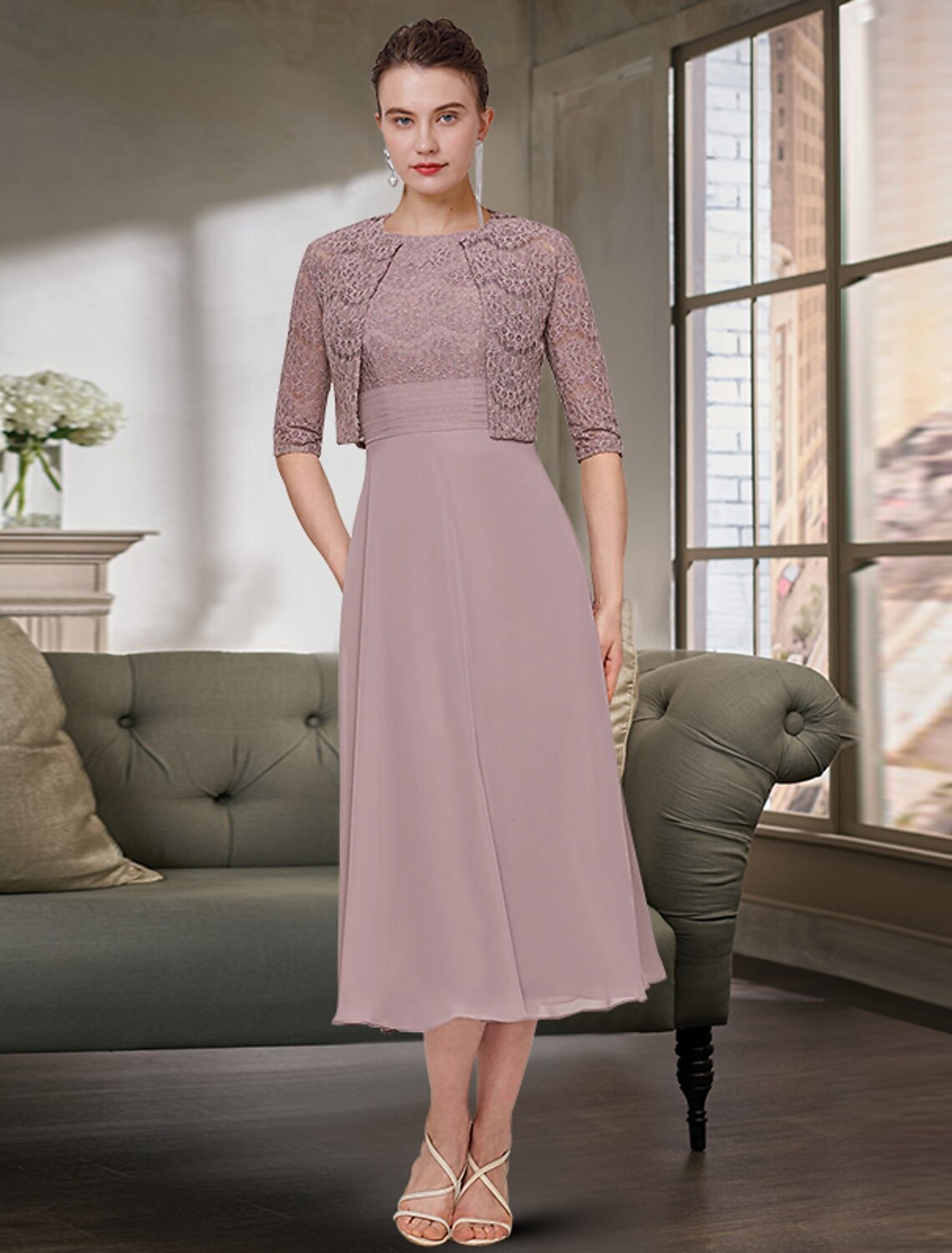 Two Piece Mother of the Bride Dress Wedding Guest Elegant Jewel Neck Tea Length Chiffon Lace Half Sleeve with Solid Color