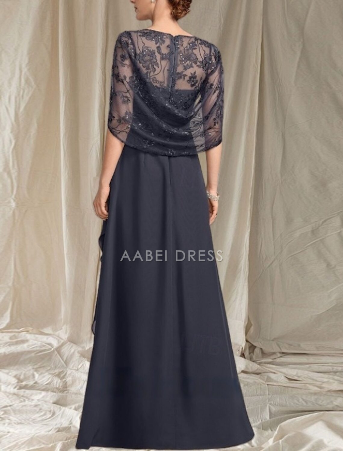 AABEI DRESS Wedding Guest Dress Elegant A-Line Crew Neck Lace Short Sleeve Ruching Floor Length Fashion Mother of the Bride Dress
