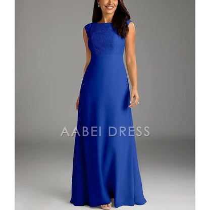 AABEI DRESS Wedding Guest Dress Elegant A-Line Crew Neck Cap Sleeve Floor Length Lace Buttons Simple Mother of the Bride Dress