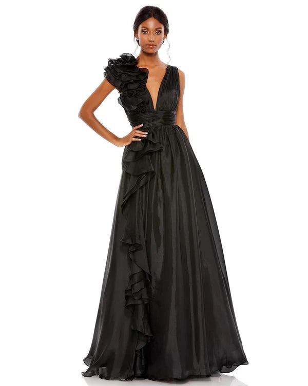 Black A-Line Deep V One Shoulder Ruffled Low Back Formal Gown