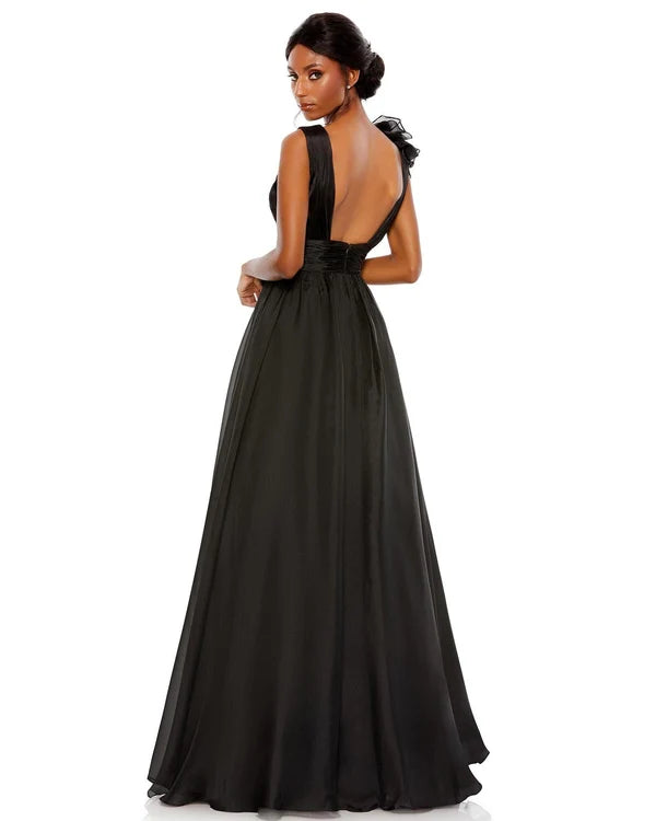 Black A-Line Deep V One Shoulder Ruffled Low Back Formal Gown