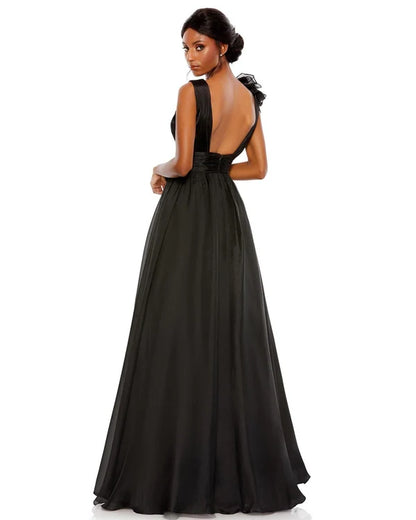 Black A-Line Deep V One Shoulder Ruffled Low Back Formal Gown