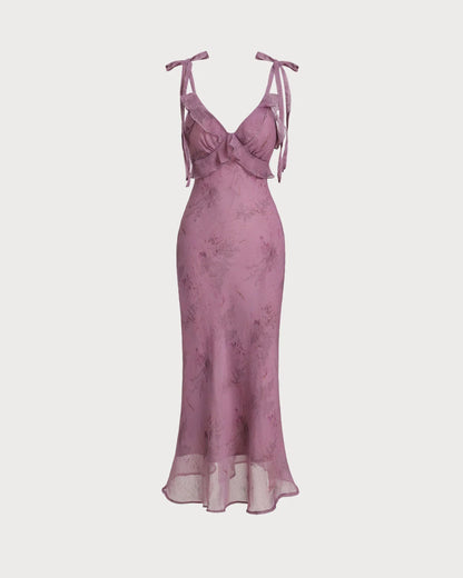 Mauve Chiffon Sheath/column V-Neck V-Back Midi Dress - Aabei Dress