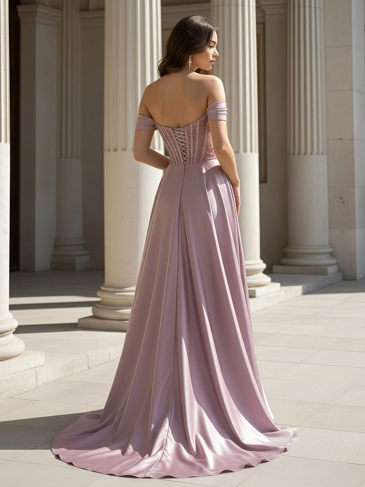 Mauve Satin A-Line Off-the-Shoulder Lace-up Floor-Length Dress Back View - Aabei Dress