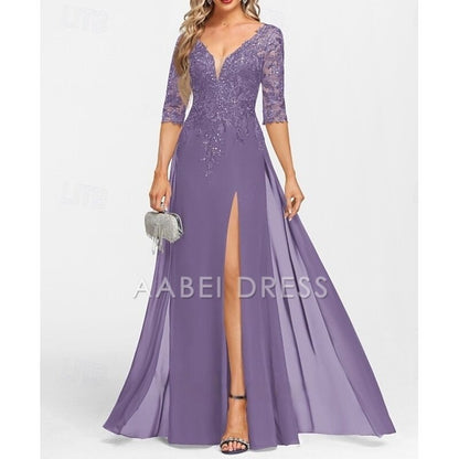 AABEI DRESS Wedding Guest Dress Exquisite A-Line V Neck Half Sleeve with Appliques Split Front Floor Length Mother of the Bride Dress