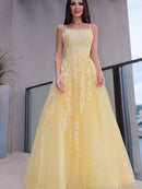 A-Line/Princess Spaghetti Straps Applique Sleeveless Tulle Floor-Length Dresses