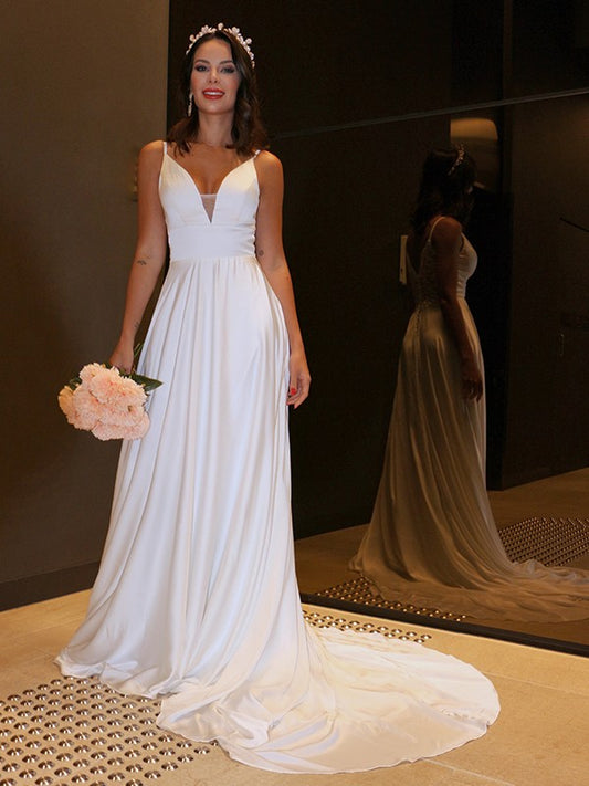 A-Line/Princess Woven Satin Spaghetti Straps Ruffles Sleeveless Sweep/Brush Train Wedding Dresses